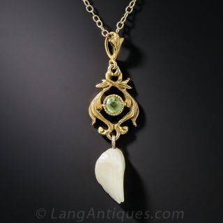 Art Nouveau Peridot with Pearl Pendant Necklace - 1