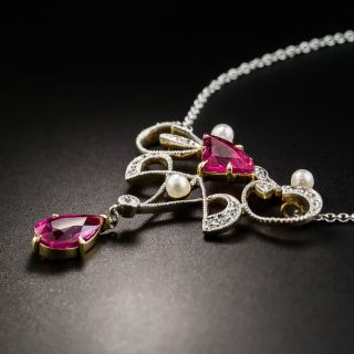 Art Nouveau Pink Tourmaline, Diamond and Pearl Pendant