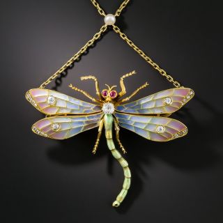 Art Nouveau Plique-à-Jour and Diamond Dragonfly Necklace / Brooch - 1