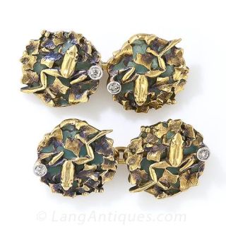 Art Nouveau Plique-a-Jour and Diamond Frog Cufflinks