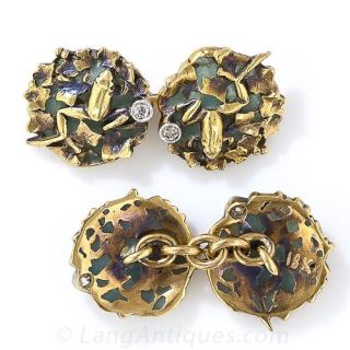 Art Nouveau Plique-a-Jour and Diamond Frog Cufflinks