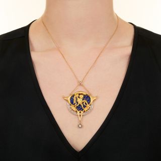 Art Nouveau Plique-a-Jour Cupid Pendant 