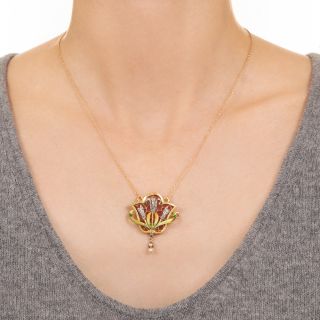 Art Nouveau Plique-a-Jour Diamond Pendant/Brooch