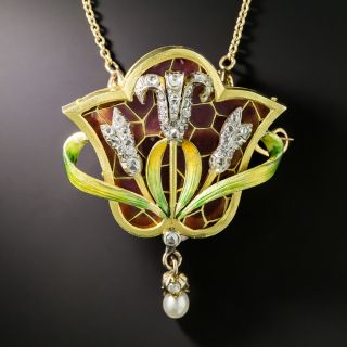 Art Nouveau Plique-a-Jour Diamond Pendant/Brooch - 2
