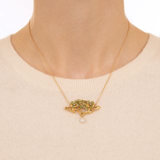 Art Nouveau Plique-a-Jour Enamel, Pearl and Diamond Lavaliere