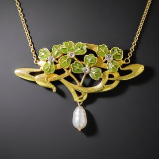 Art Nouveau Plique-a-Jour Enamel, Pearl and Diamond Lavaliere - 2