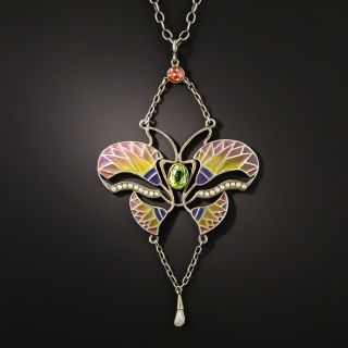 Art Nouveau Plique-a-Jour Pearl Butterfly Pendant Necklace - 1