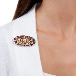 Art Nouveau Rhodolite Garnet, Pearl and Diamond Brooch