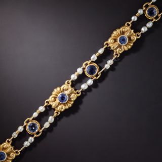 Art Nouveau Sapphire and Pearl Link Bracelet - 2