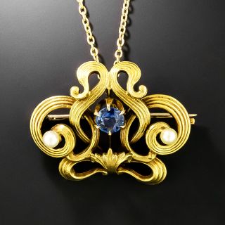 Art Nouveau Sapphire and Pearl Pendant/Brooch by Granbery - 2