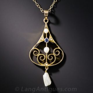 Art Nouveau Sapphire and Pearl Pendant