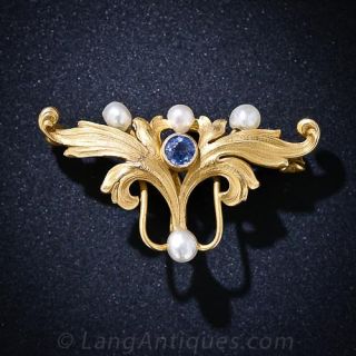 Art Nouveau Sapphire and Pearl Pin