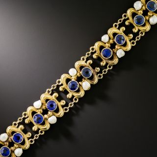 Art Nouveau Sapphire Blue Glass Doublet and Freshwater Pearl Bracelet - 2
