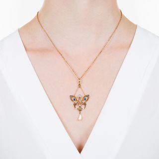 Art Nouveau Sapphire, Diamond and Pearl Necklace