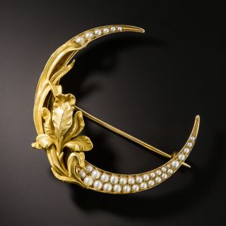 Art Nouveau Seed Pearl Crescent Flower Pin - 2