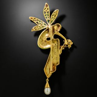 Art Nouveau-Style 18K Plique-à-Jour Diamond and Pearl Fairy Brooch, by Nouveau 1910, Spain