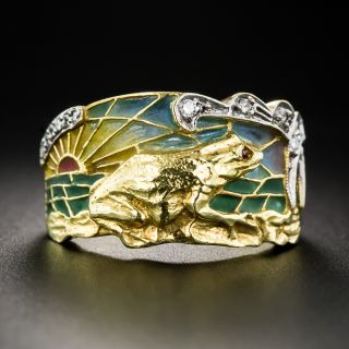 Art Nouveau-Style 18K Plique-à-Jour Frog Ring by Masriera, Size 7 - 9