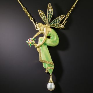 Art Nouveau Style Enamel, Diamond and Pearl Pendant/Brooch - 2