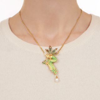 Art Nouveau Style Enamel, Diamond and Pearl Pendant/Brooch