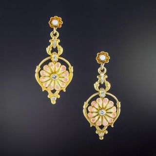 Art Nouveau Style Enamel Flower and Diamond Earrings  - 2