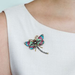 Art Nouveau-Style Plique-a-Jour Dragonfly Brooch