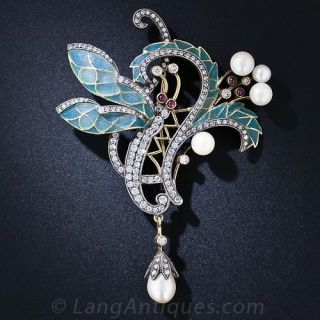 Art Nouveau Style Plique-a-Jour Enamel Dragonfly Flower Brooch