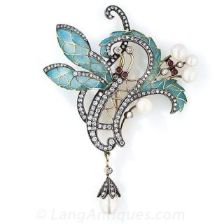 Art Nouveau Style Plique-a-Jour Enamel Dragonfly Flower Brooch
