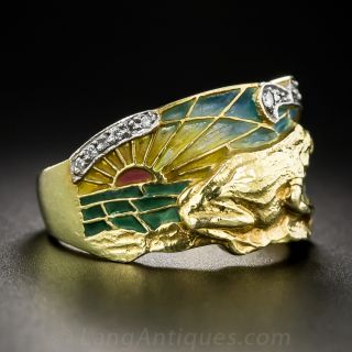 Art Nouveau Style Plique-a-Jour Frog Ring by Masriera 