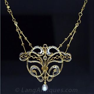 Art Nouveau Style Sapphire, Diamond and Pearl Necklace