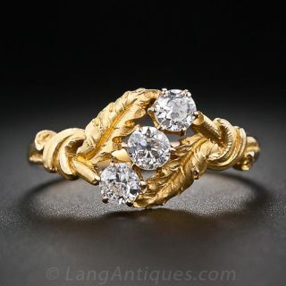 Art Nouveau Three-Stone Diamond Leaf Ring