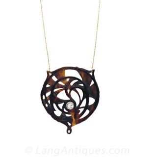 Art Nouveau Tortoiseshell and Diamond Pendant