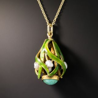 Art Nouveau Turquoise and Pearl Enameled Pendant - 2