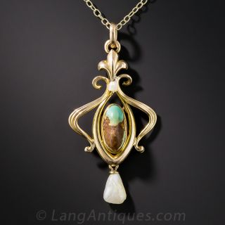 Art Nouveau Turquoise and Pearl Pendant