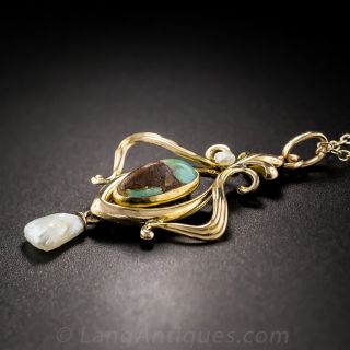 Art Nouveau Turquoise and Pearl Pendant