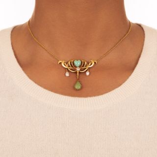 Art Nouveau Turquoise, Diamond, and Pearl Lavalier