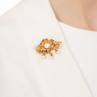 Art Nouveau Water Lily Pearl and Diamond Brooch by Thomas Brogan