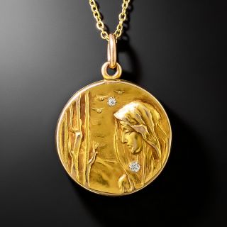 Art Nouveau Woman With Birds Diamond Locket - 3