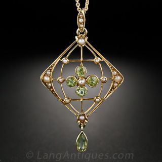 Arts and Crafts 15k Peridot and Pearl Pendant