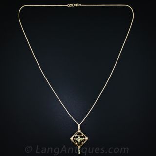 Arts and Crafts 15k Peridot and Pearl Pendant