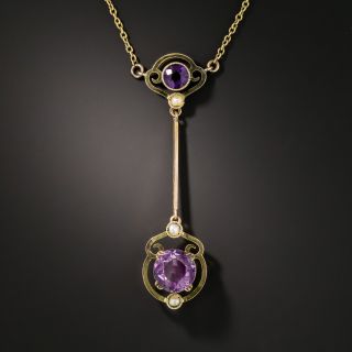 Arts & Crafts Amethyst and Seed Pearl Lavaliere Necklace  - 2