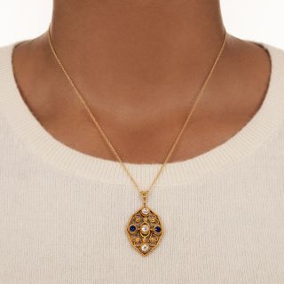 Arts and Crafts Diamond and Sapphire Pendant Necklace