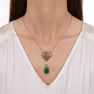 Arts and Crafts Jade, Natural Pearl and Emerald Lavalière 