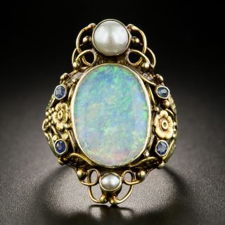 Arts & Crafts Opal Sapphire and Pearl Dinner Ring - 2