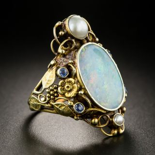 Arts and Crafts Opal Sapphire and Pearl Dinner Ring