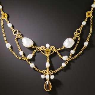 Arts and Crafts Pearl and Citrine Swag Necklace - 3