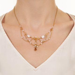 Arts and Crafts Pearl and Citrine Swag Necklace