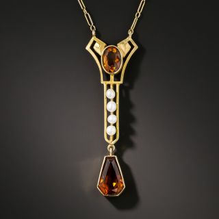 Arts & Crafts Citrine and Pearl Necklace by Frank Krementz  - 2