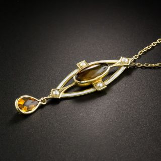 Arts & Crafts Citrine Pearl Enamel Pendant by Hagerstrom & Son