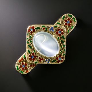 Arts & Crafts Moonstone Enamel Flower Brooch - 3