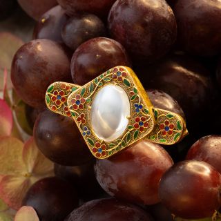 Arts & Crafts Moonstone Enamel Flower Brooch
